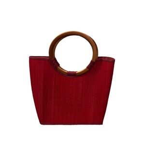 Chicos Handcrafted Women's Woven‎ Bamboo With Wooden Handle, Beach Tote bag, Red